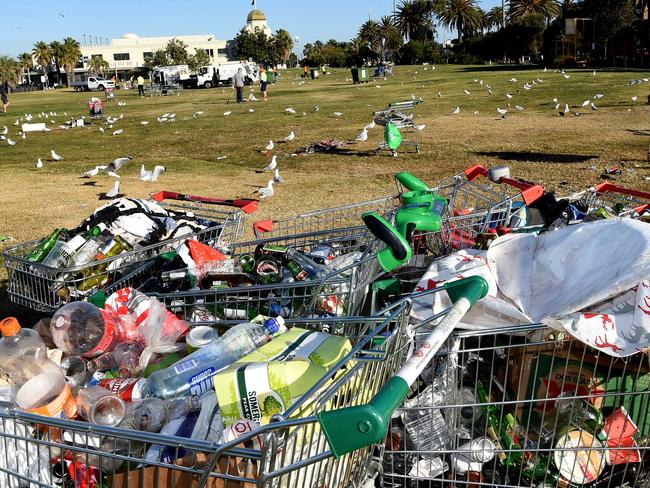 Rubbish left by Christmas Day revellers at St. Kilda foreshore. Picture: Nicole Garmston