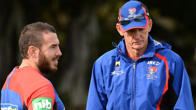 Wayne Bennett talks to Darius Boyd at Newcastle training. Pic: Peter Lorimer