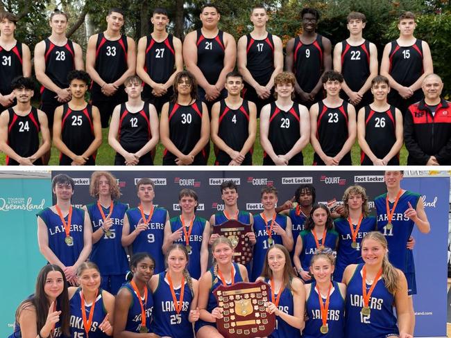 The Erindale College under 20 division three team, Lake Ginninderra men's and women's championship division teams, and the Avondale School under 15 division two team that all won medals during the 2022 Australian Basketball Schools Championships on the Gold Coast. Photo: supplied.