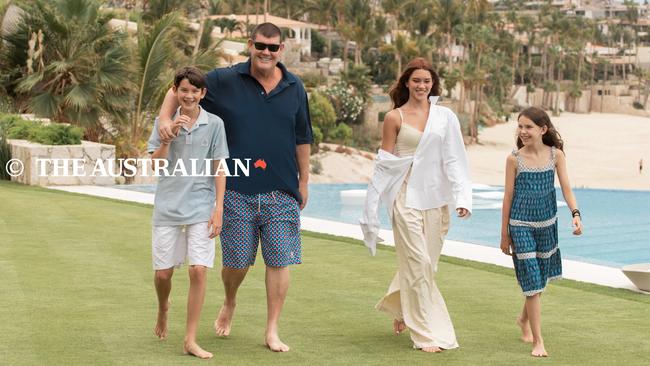 An upbeat James Packer with his children Jackson, 12, Indigo, 13, and Emmanuelle, 9, at the former casino mogul’s luxurious mansion in Cabo San Lucas, Mexico. Picture: Ana Badillo