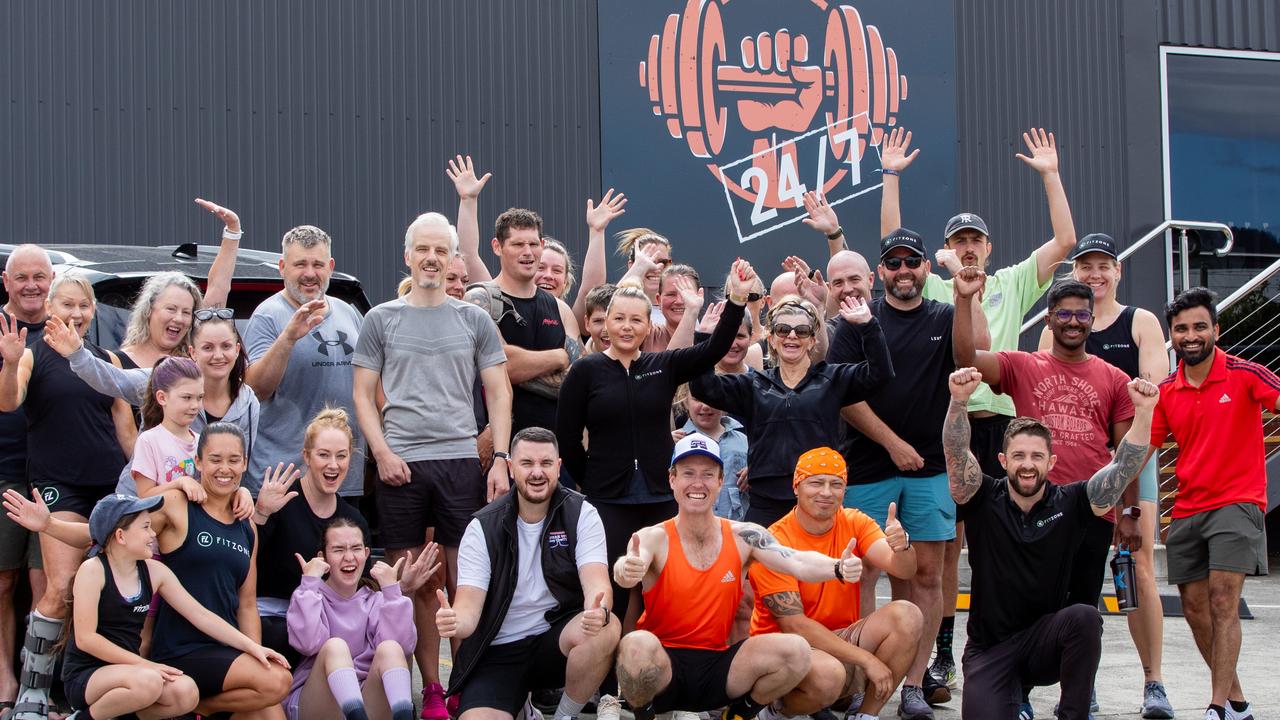 Trent Henderson with supporters before setting off for another of the 110 marathons in 110 days to raise awareness of mental health with Speak Up! Stay ChatTY. Picture: Linda Higginson