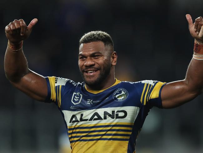 Parramatta's Maika Sivo celebrates victory with the crowd during the round 8 NRL match between Parramatta and Cowboys at Bankwest Stadium, Parramatta. Picture: Brett Costello