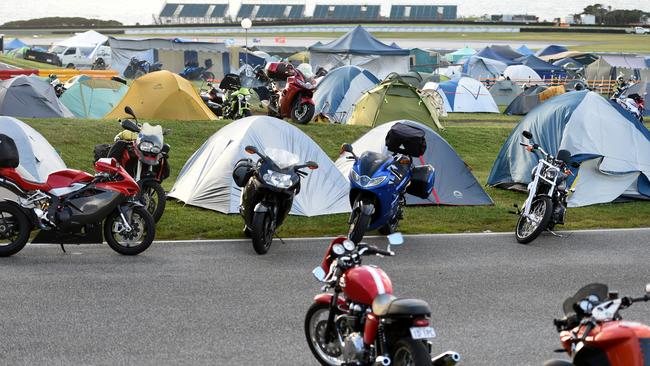 Scenes like this from 2016 will not be seen at this year’s Phillip Island MotoGP, after camping at the event was scrapped due to wet weather. Picture: AAP