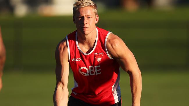 Isaac Heeney during the Swans skills session. Picture: Phil Hillyard