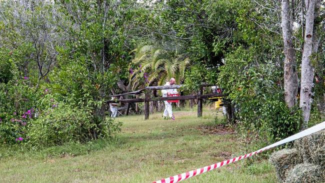 TREATED WITH CAUTION: Crews work to remove biohazard material from the property at Lagoon Pocket before a horse there was cleared of suspected hendra virus. Picture: Jacob Carson