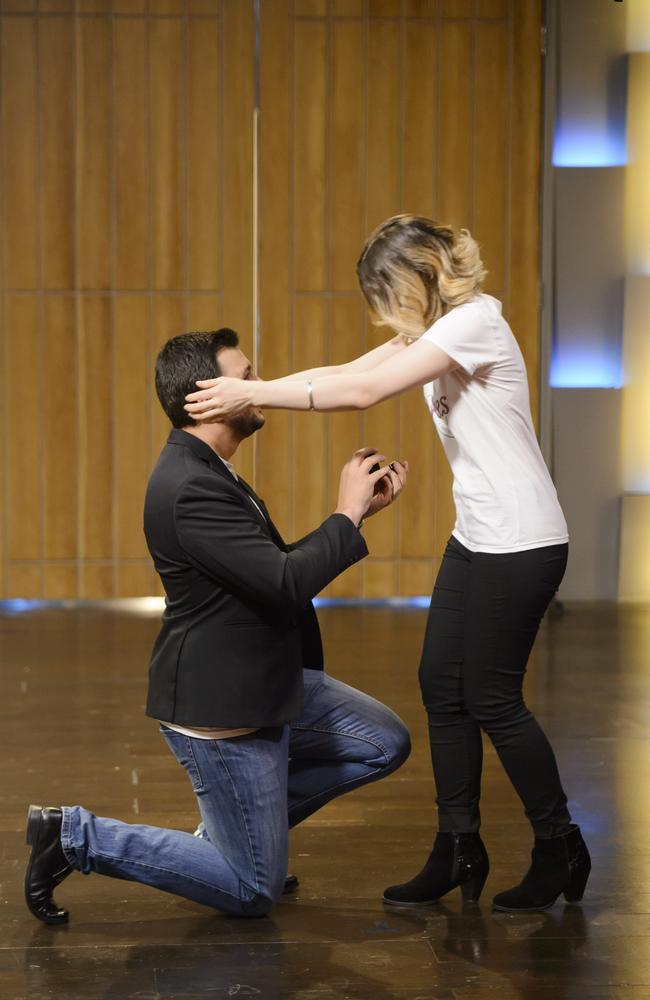 World first: Luke Lucas proposes to Chrissy Glentis on Shark Tank. Picture: Channel 10