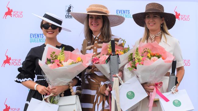 Women's fashion on the field third, first and second place contestants at the Rockhampton Jaguar Land Rover Pop-Up Polo on June 3, 2023. Picture: Aden Stokes