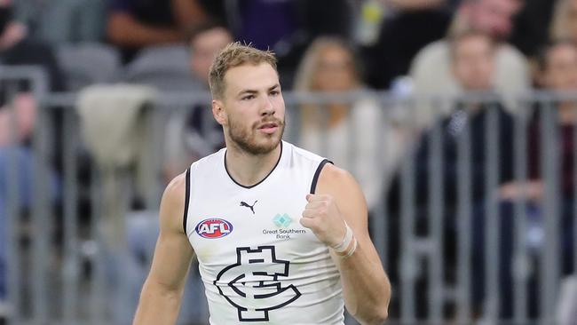 Harry McKay copped a knock early and played on, but was clearly impacted. Picture: Getty Images.