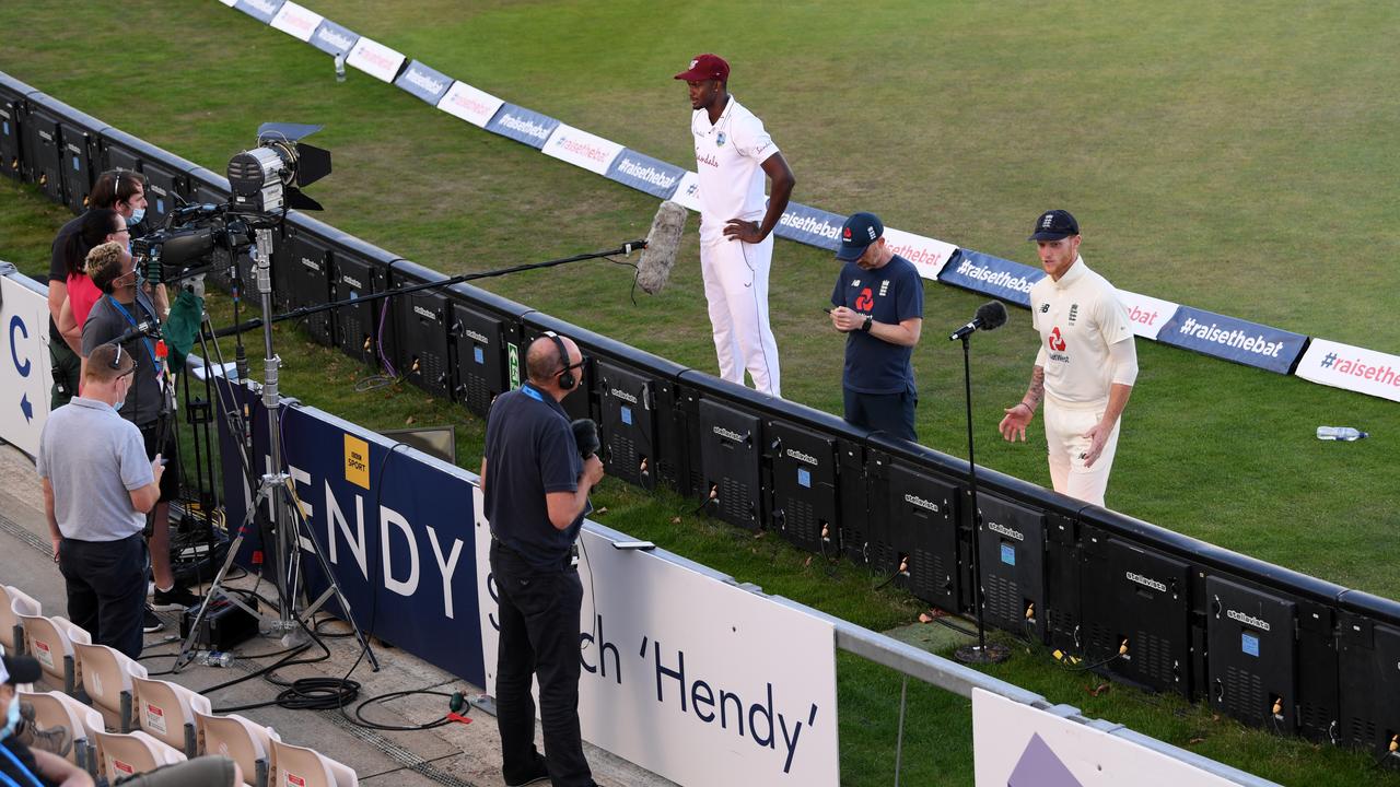 West Indies captain Jason Holder and England’s Ben Stokes conduct COVID-safe media duties.