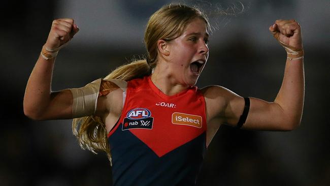 Katherine Smith celebrates Melbourne’s win. Picture: Wayne Ludbey