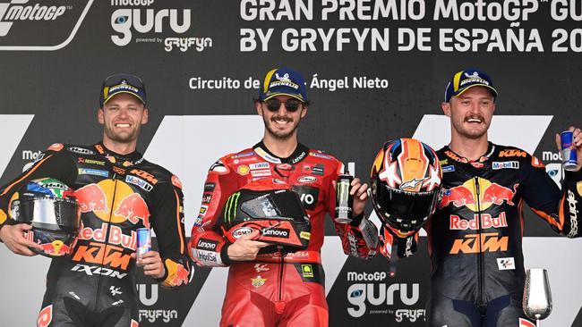 (From left) Brad Binder, Francesco Bagnaia and Jack Miller celebrate after the Spanish MotoGP. Picture: AFP