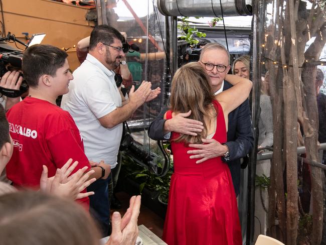 Re-elected Prime Minister Anthony Albanese celebrates his landslide election win with staff and supporters in Bar Italia in Leichhardt. Picture: Julian Andrews