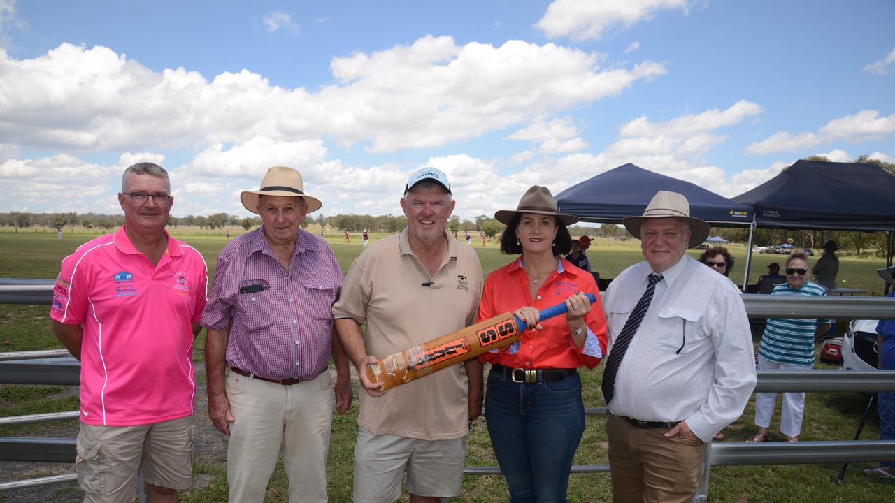 Greymare trio Kieran Doherty, Denis Ryan and Matt Cleary with Cr Cynthia McDonald and Mayor Vic Pennisi at the opening of the new Greymare cricket pitch during the Warwick Australia Day Cricket Carnival. Picture: Gerard Walsh