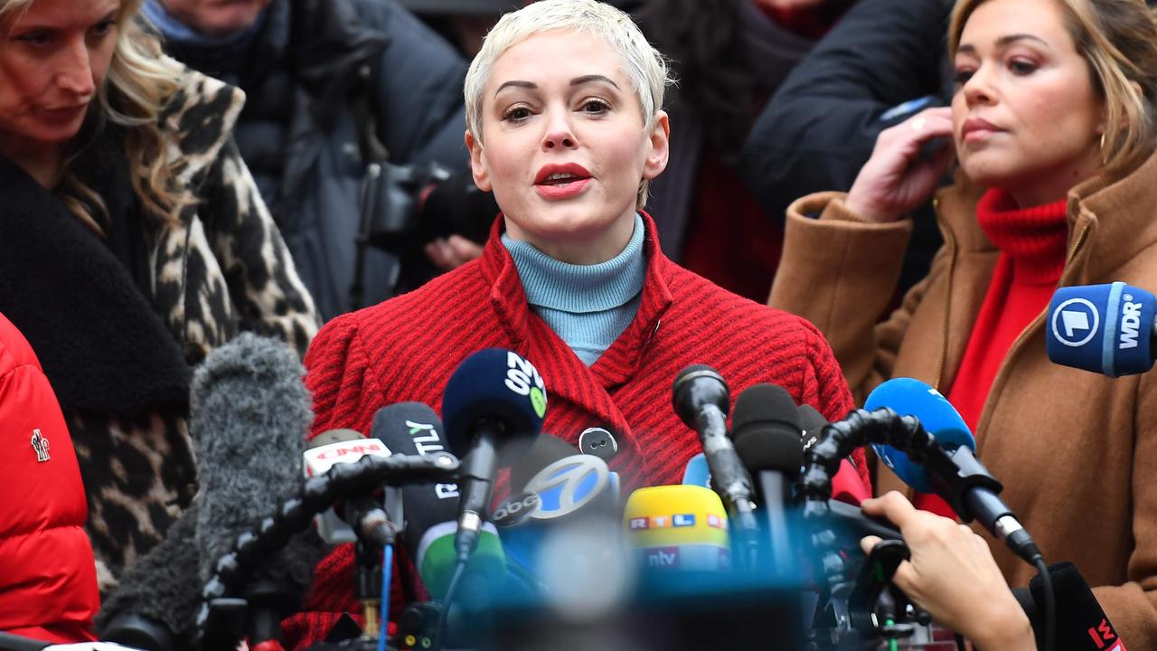 Actress Rose McGowan speaks during a press conference, after Harvey Weinstein arrived at State Supreme Court in Manhattan on the first day of his criminal trial on charges of rape and sexual assault in New York City. Picture: Johannes Eisele / AFP