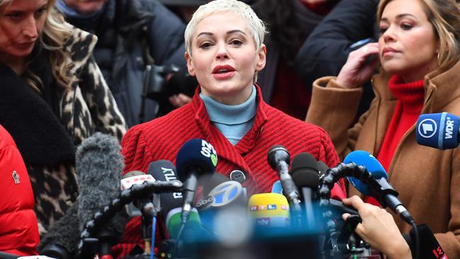 Actress Rose McGowan speaks during a press conference, after Harvey Weinstein arrived at State Supreme Court in Manhattan on the first day of his criminal trial on charges of rape and sexual assault in New York City. Picture: Johannes Eisele / AFP