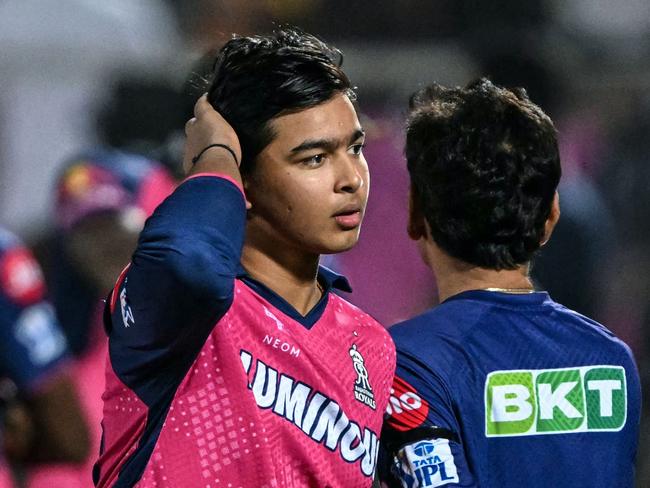 Rajasthan Royals' Vaibhav Suryavanshi gestures at the end of the Indian Premier League (IPL) Twenty20 cricket match between Rajasthan Royals and Gujarat Titans at the Sawai Mansingh Stadium in Jaipur on April 28, 2025. (Photo by Sajjad HUSSAIN / AFP) / -- IMAGE RESTRICTED TO EDITORIAL USE - STRICTLY NO COMMERCIAL USE --