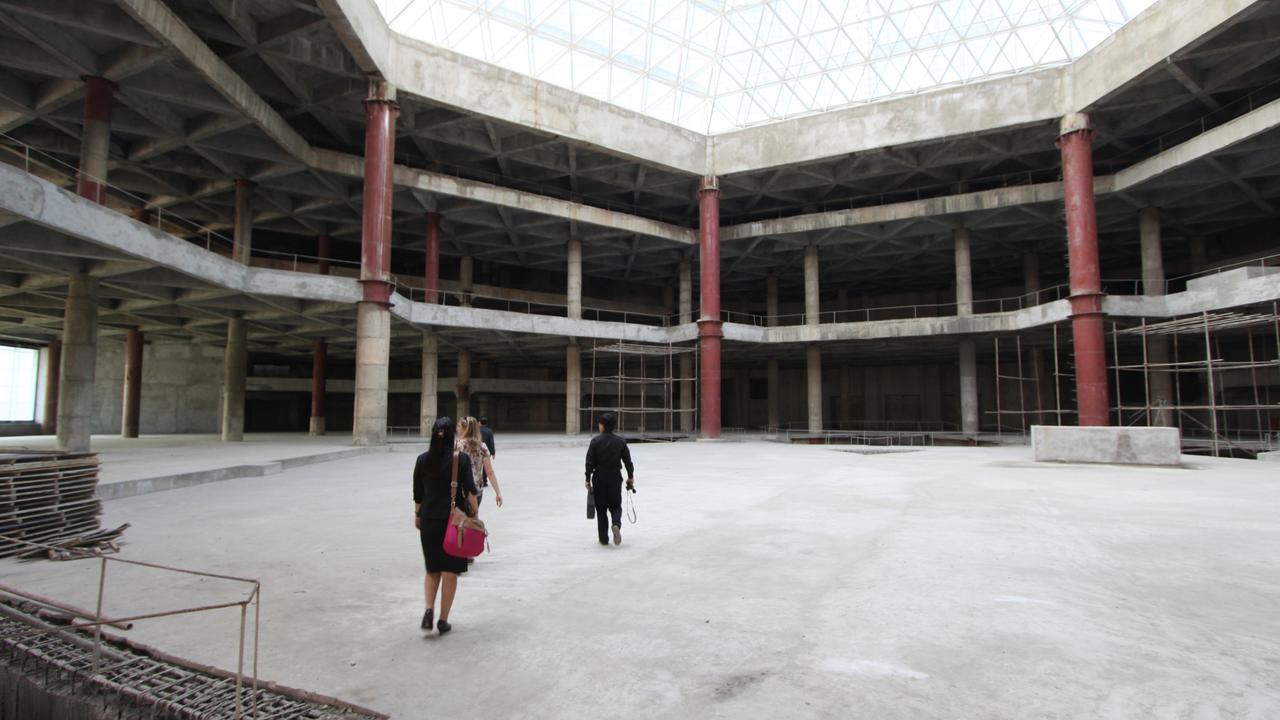 Massive cast concrete floors and pillars inside the doomed Ryugyong in central Pyongyang. Picture: Koryo Tours