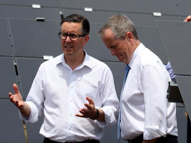 30/11/2017 Mark Butler speaks with Opposition Leader Bill shorten as they vist NAWMA renewable Energy facility in Uleybury, Northern Adelaide. . Kelly Barnes/The Australian