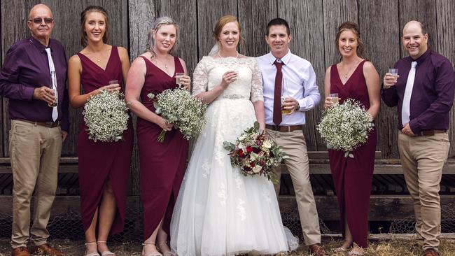 Broncos chums: Dion Ward &amp; Ashleigh Thiele with bridal party, pic: Ben Clark Photography