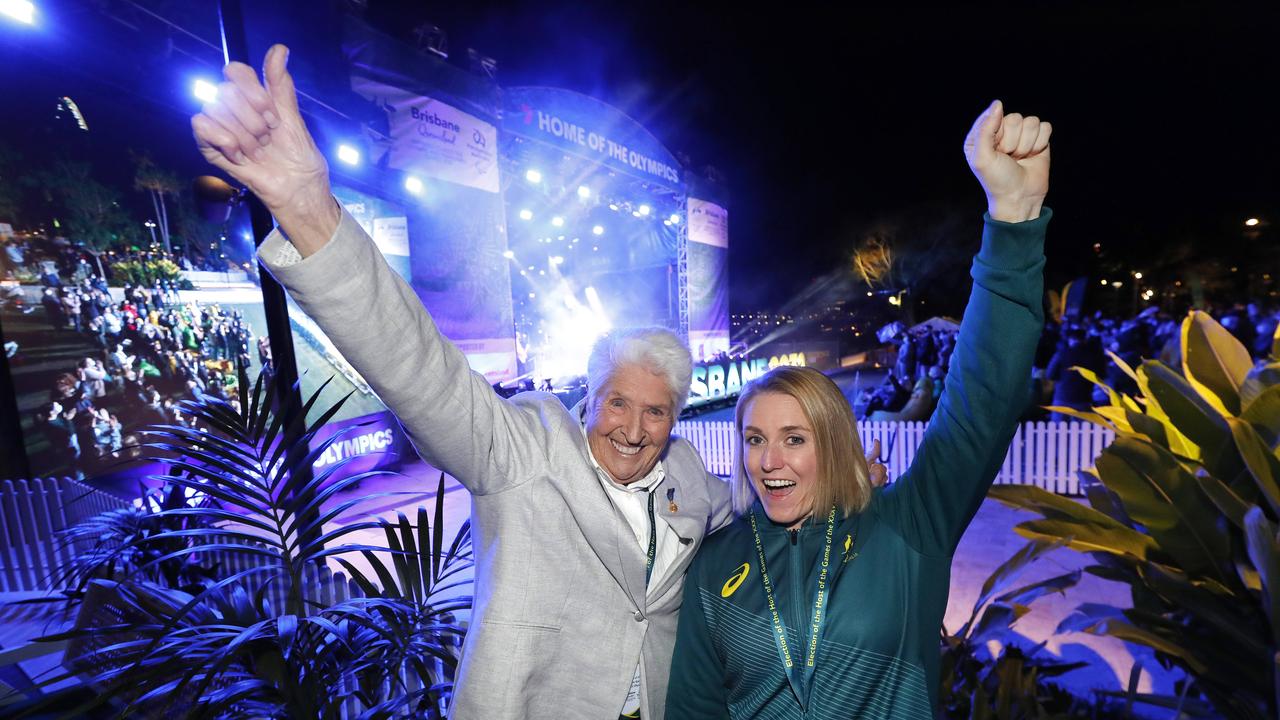 Olympians Dawn Fraser and Sally Pearson celebrate the decision to award Brisbane the 2032 Olympics. Picture: Josh Woning