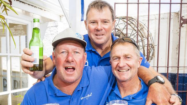 Black Jack sailors Will McCarthy Vaughan Prentice and Darren Hutchison enjoying a drink in Hobart.