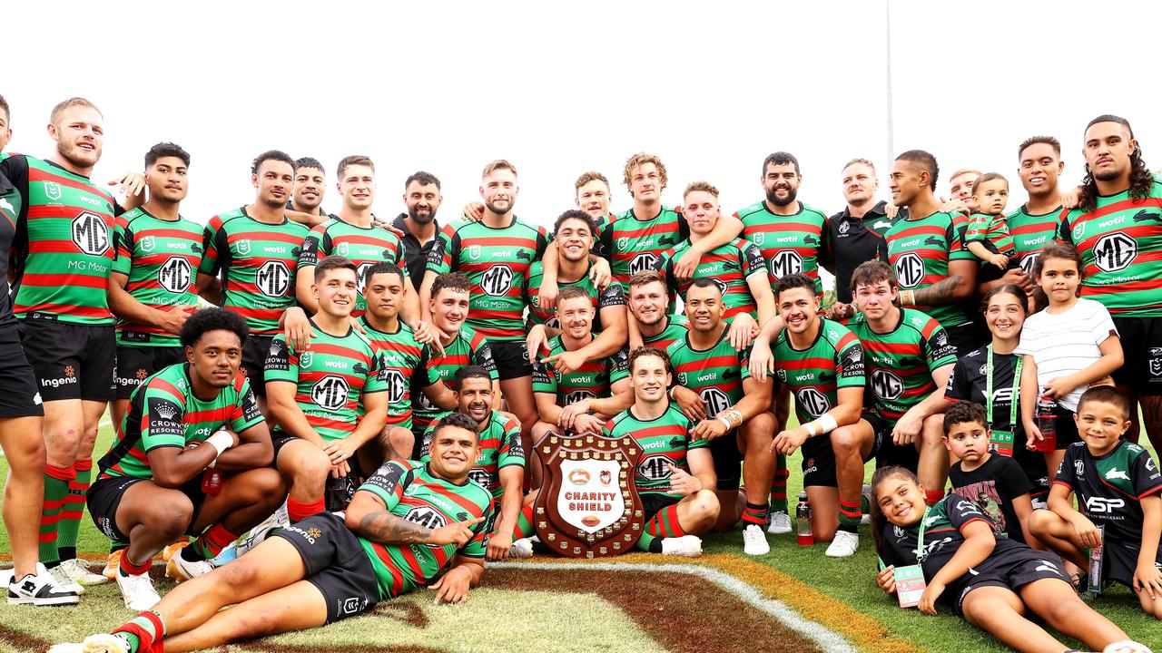 The Rabbitohs pose with the Charity Shield in Mudgee. Picture: Mark Kolbe/Getty Images