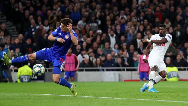 Serge Aurier scores Tottenham's third goal against Olympiakos Picture: Getty Images