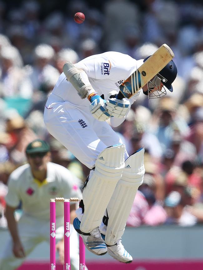 England’s Stuart Broad takes evasive action the last time he was on Australian soil. Picture: Phil Hillyard