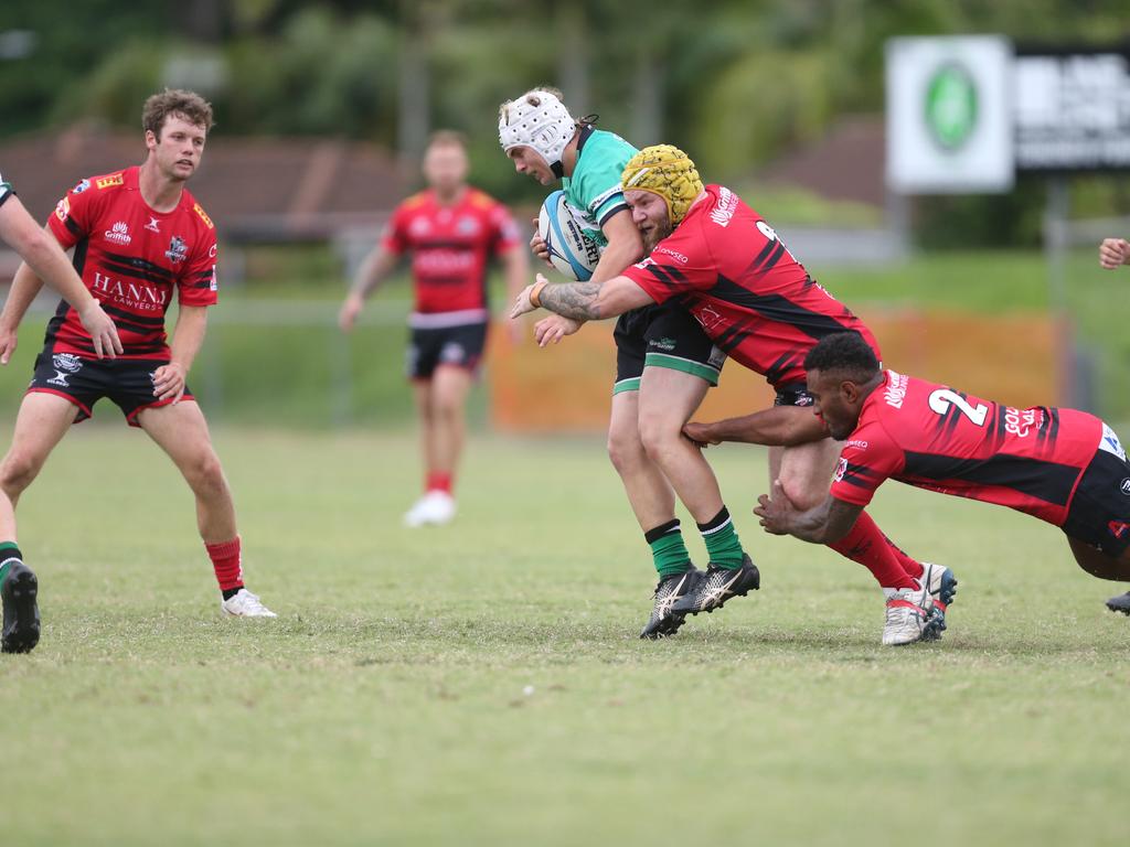 PBC Allygators vs. Colleges Knights. Ethan Mott tackled by Jake Allen. 20April 2024 Currumbin Picture by Richard Gosling