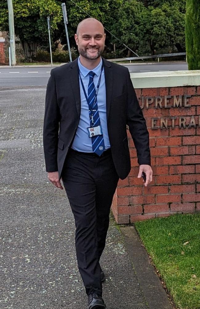 Tasmania Police Detective Sergeant Nathan Hartnett outside Launceston Supreme Court in the murder trial of Cedric Harper Jordan, 71, and Noelene June Jordan, 68. Picture: Alex Treacy