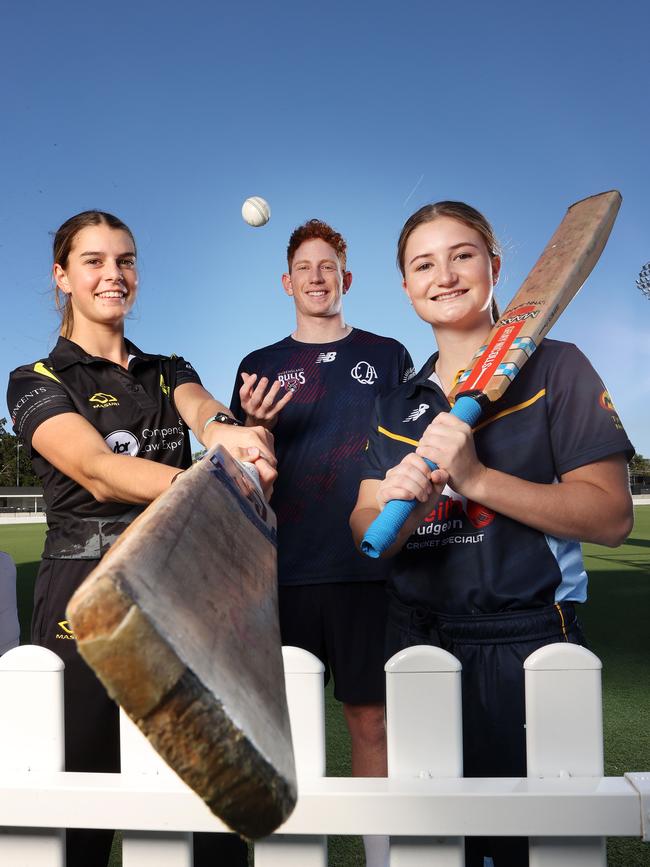 Junior cricketers Lily Bassingthwaite, Hugh Weibgen, and Lucy Bourke will be in the prime of their careers when cricket will be in the Olympics, Allan Border Field, Albion. Picture: Liam Kidston