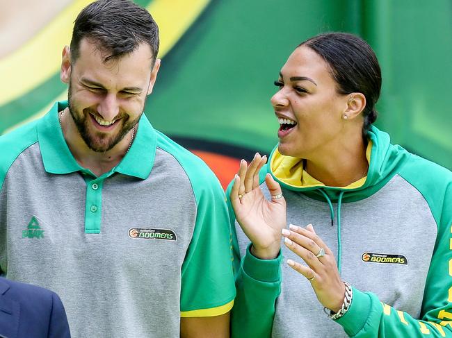 Bogut and Cambage share a laugh in 2019. Picture: Tim Carrafa