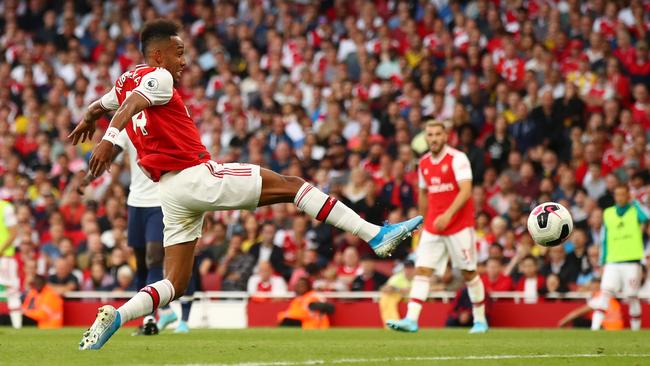 Arsenal striker Pierre-Emerick Aubameyang brings the Gunners level at 2-2 against Tottenham at Emirates Stadium. Picture: Getty Images