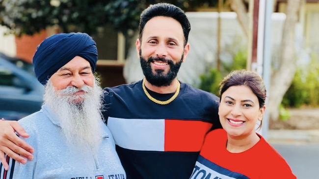 Nishan Singh, who is in hospital after suffering multiple strokes with his daughter Harpreet Kaur and her husband. Picture: Supplied by family