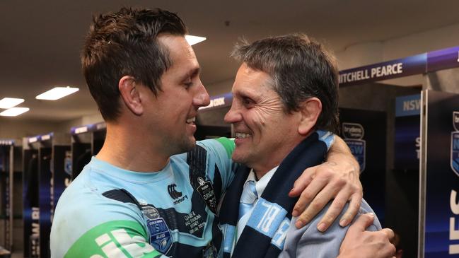 Mitchell Pearec celebrates a NSW Origin win with his father, Wayne Pearce. Picture: Brett Costello