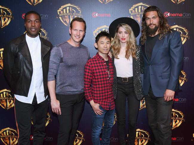 Aussie director James Wan (centre) reunited with his Aquaman cast (from left) Yahya Abdul-Mateen II, Patrick Wilson, Amber Heard and Jason Momoa. Picture: Ethan Miller/Getty Images