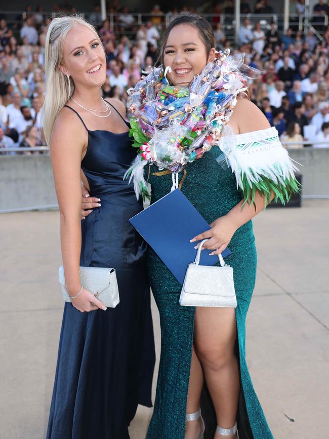 Erin Carr and Tegan Te Amo at the Southport State High School Formal at SeaWorld. Picture, Portia Large.