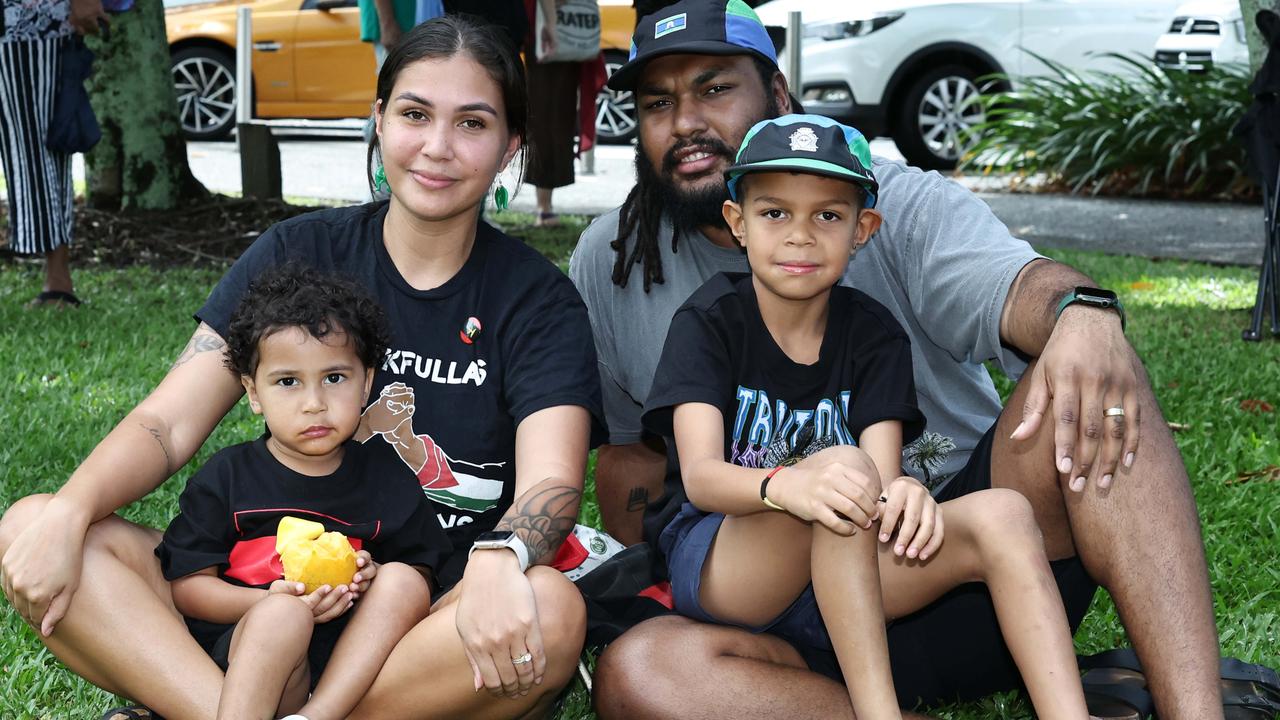 Sharna Nakata, Kaito Nakata, 2, Ty Nakata and Maverick Nakata, 7, attended the Invasion Day rally and protest march, held at Fogarty Park and then along the Esplanade on Australia Day. Picture: Brendan Radke