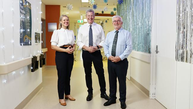 Queensland Health Minister Tim Nicholls has visited the Cairns Hospital as part of his regional tour of public health facilities. Member for Barron River Bree James, Queensland Health Minister Tim Nicholls and Member for Mulgrave Terry James take a tour of the Cairns Hospital's surgical south ward. Picture: Brendan Radke