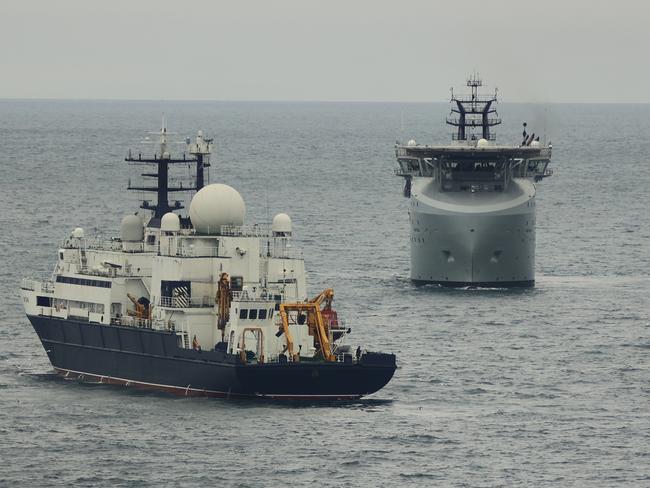 RFA Proteus, a member of the British Royal Fleet Auxiliary shadows the Russian spy ship Vantar in the English Channel this week. Photo: UK Ministry of Defence