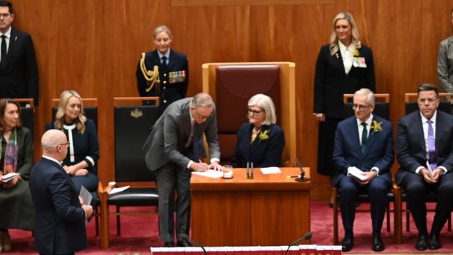 Australia has sworn in its second female governor-general in a formal ceremony complete with a guard of honour. Picture: NewsWire / Martin Ollman