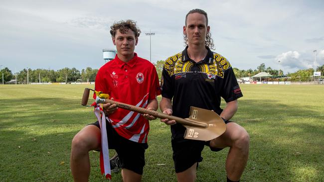 James Arratta and Ryan Nyhuis ahead of Nightcliff's Battle of the Beaches match against Waratah in the 2023-24 NTFL season.Picture: Pema Tamang Pakhrin