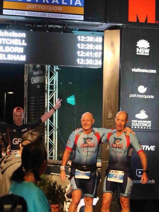 Cr Peter Mitchell (left) and Shaun Nicholson completed the Ironman side-by-side. Photo. Sharks Tri Club 