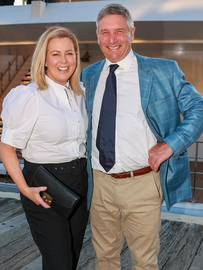 Sam Armytage and Richard Lavender board The Jackson' Super Yacht in 2022. Picture: Justin Lloyd