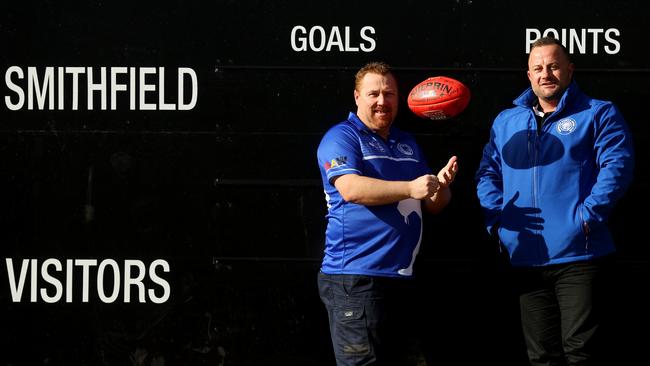 Ryan Hocking – president and Dwayne Nisbet – football development manager are ready for the Smithfield Football Club to return to the Adelaide Footy League in 2023. Picture: Kelly Barnes