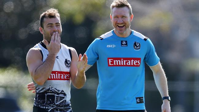 Nathan Buckley has a laugh with Jarryd Blair. Picture: Michael Klein