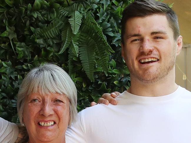 Canberra Raiders' star Englishman John Bateman, has some support from family and friends who have flown in to Sydney ahead of this weekend's Grand Final. Pictured (left) Liam Harrison (best friend), Patricia Brook (Grandmother) John Bateman and Kyle Bateman (Brother). Picture: David Swift.