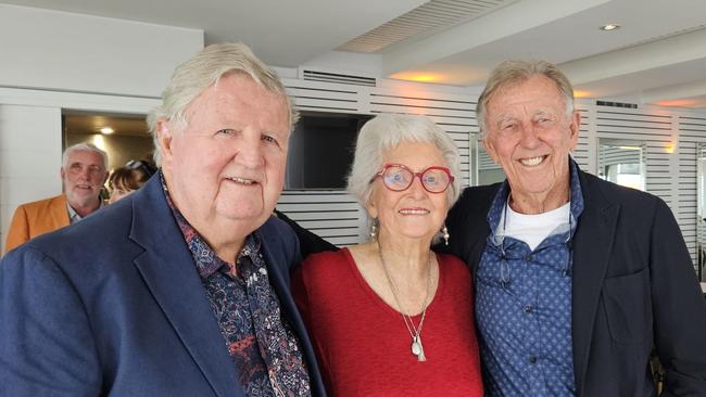 Barrie Unsworth (l to r), partner Pauline Hennessy and John Singleton at the former premier’s 90th birthday bash. Picture: Supplied