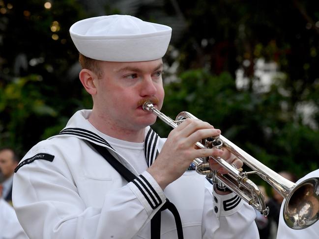 Dawn Service at Anzac Park for 83rd commemoration of Battle of Coral Sea. US Seventh Fleet Band member Musician 2nd Class Joseph Beaver. Picture: Evan Morgan