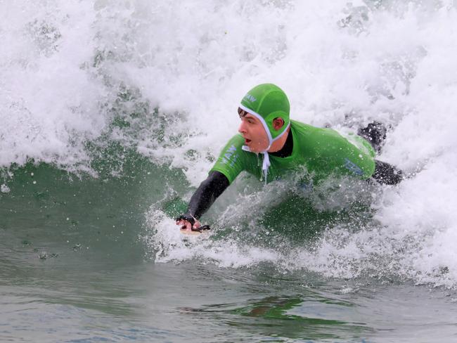 SOUTHERN COURIER/AAP. Whomp Off Australia tricks tag team heat at Maroubra Beach in Maroubra on Thursday 5 October, 2019. Australia's biggest bodysurfing event Whomp Off Australia is being staged today at Maroubra Beach. (AAP IMAGE / Angelo Velardo)